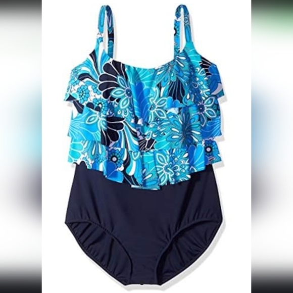 Swim Solutions Womens One piece Floral Tiered Tummy control Swimsuit Size 10 - Picture 10 of 11